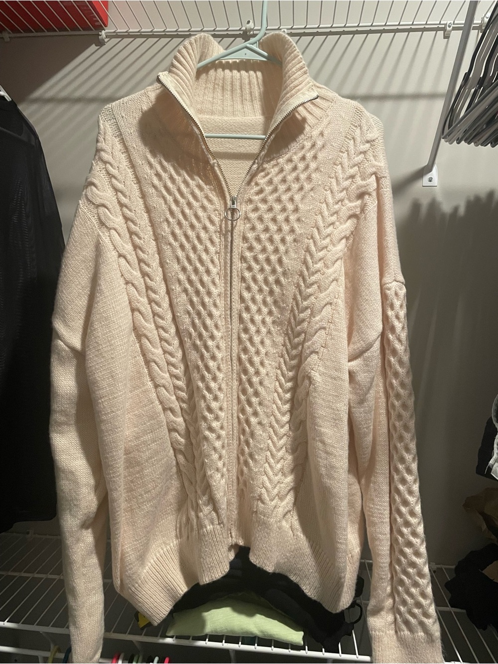 Chunky Cable Knit Zip-Front Sweater - Light Cream